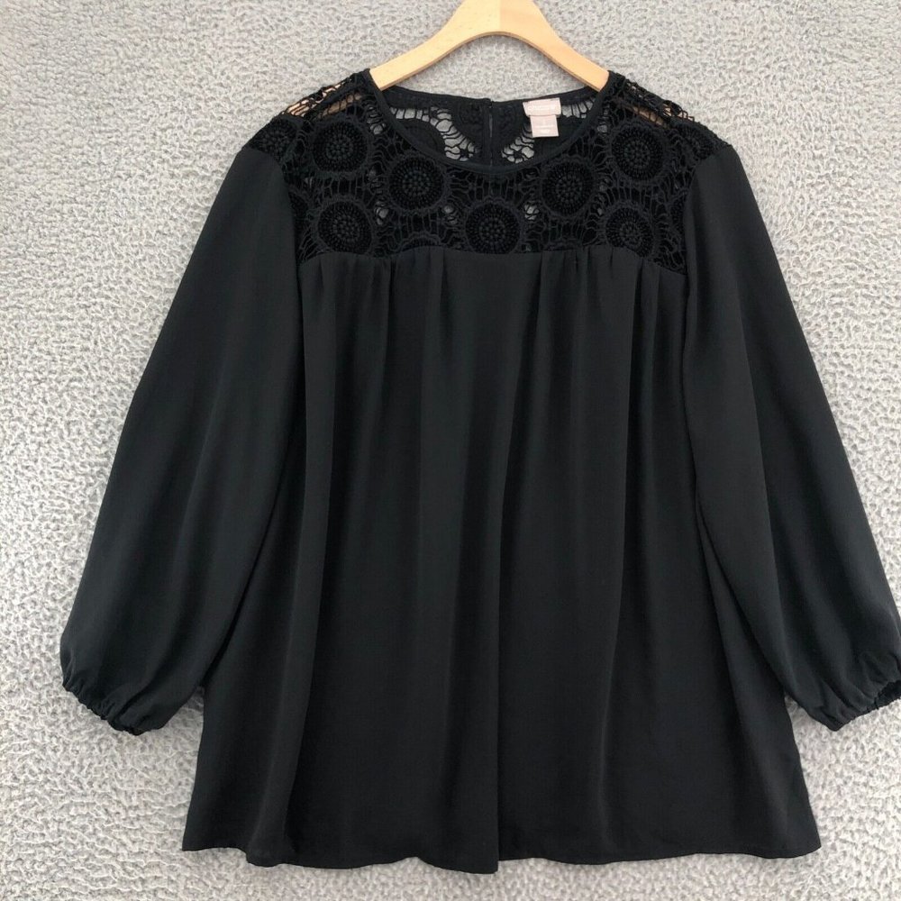 Chicos Blouse Womens 3 Extra Large Black Balloon Sleeves Lace Embroidery Tunic